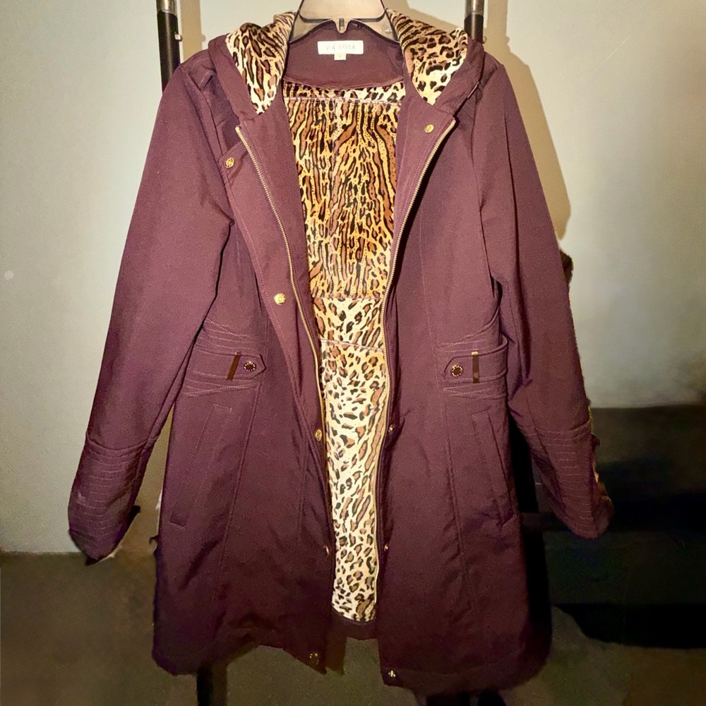 Elegant Plum Pea Coat with Leopard Print Lining